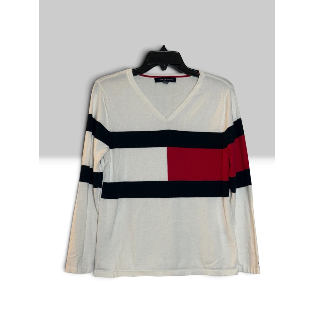 Tommy Hilfiger Womens V-Neck Cotton Sweater White Navy Red Colorblock Medium